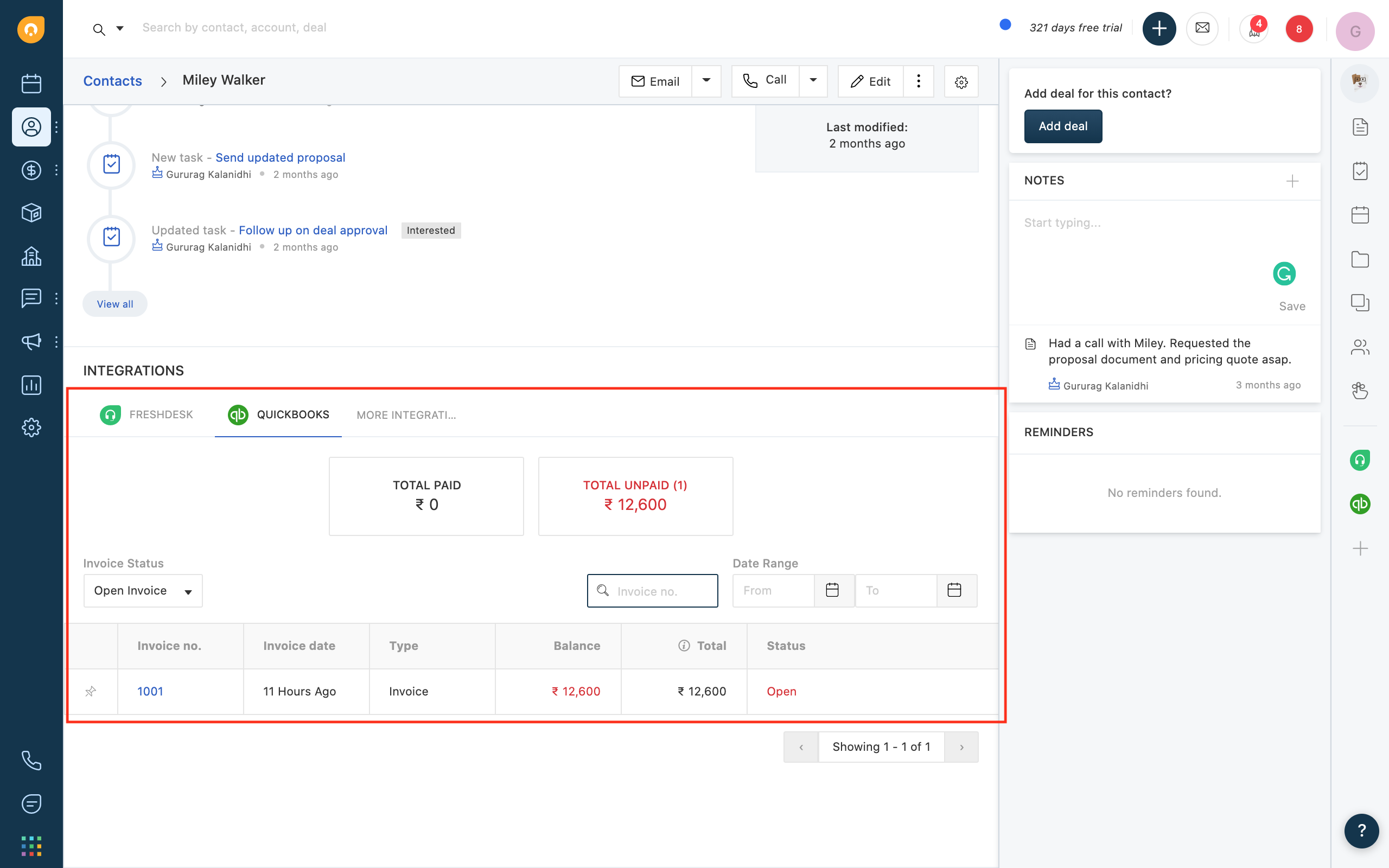 Track customer sales history from QuickBooks in Freshsales
