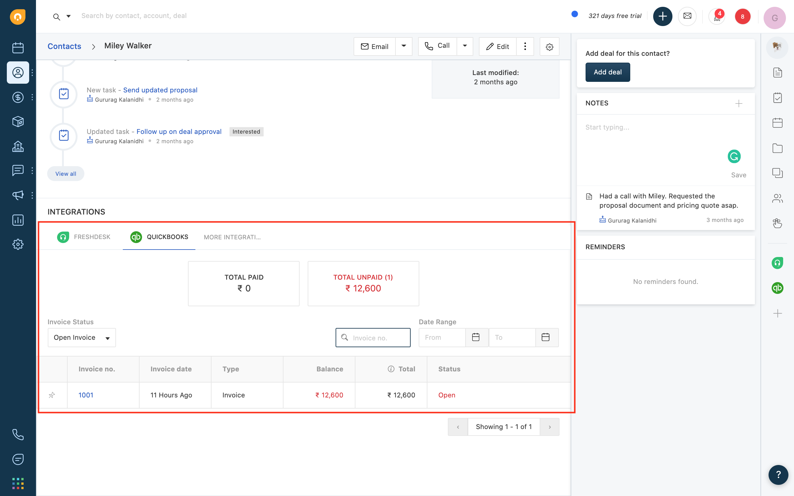 Accessing Quickbooks invoice in Freshworks CRM