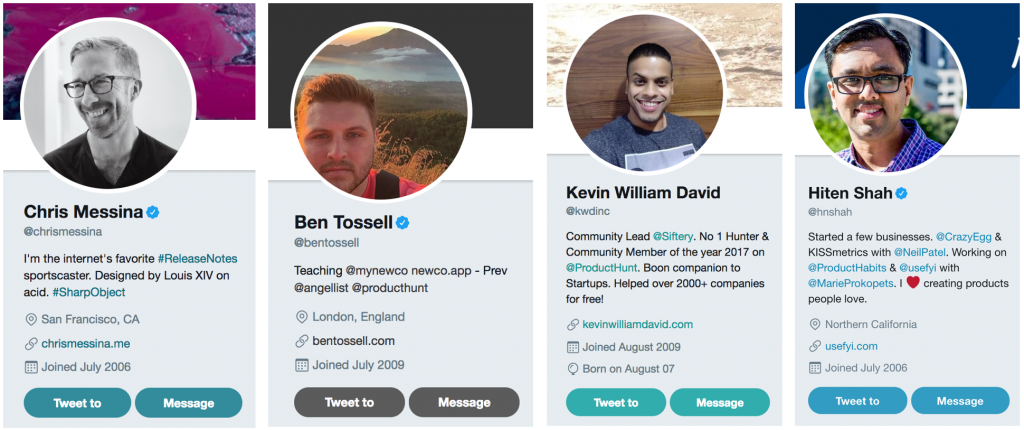 Product Hunt Top Hunters Kevin William David Chris Messina Ben Tossell Hiten Shah