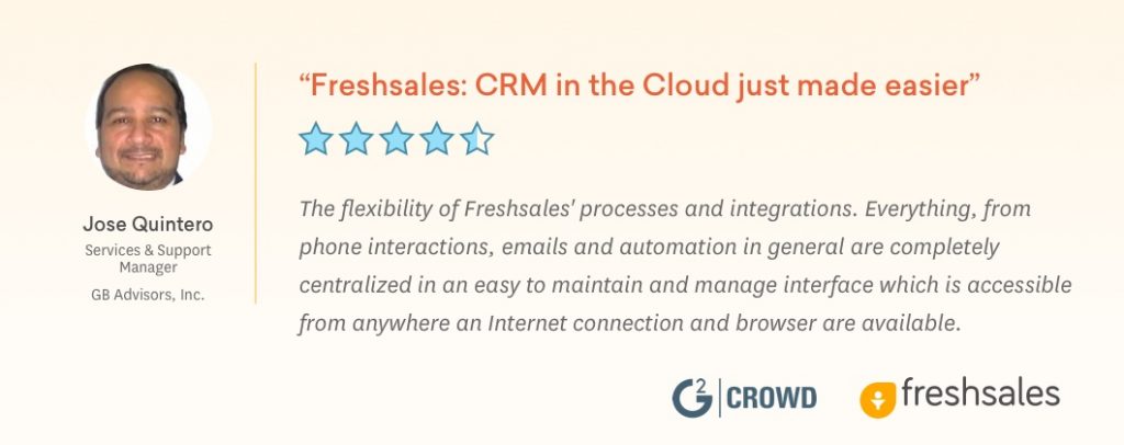 Freshsales Recognized in G2 Crowd’s Best Software Awards 2019 Jose Testimonial