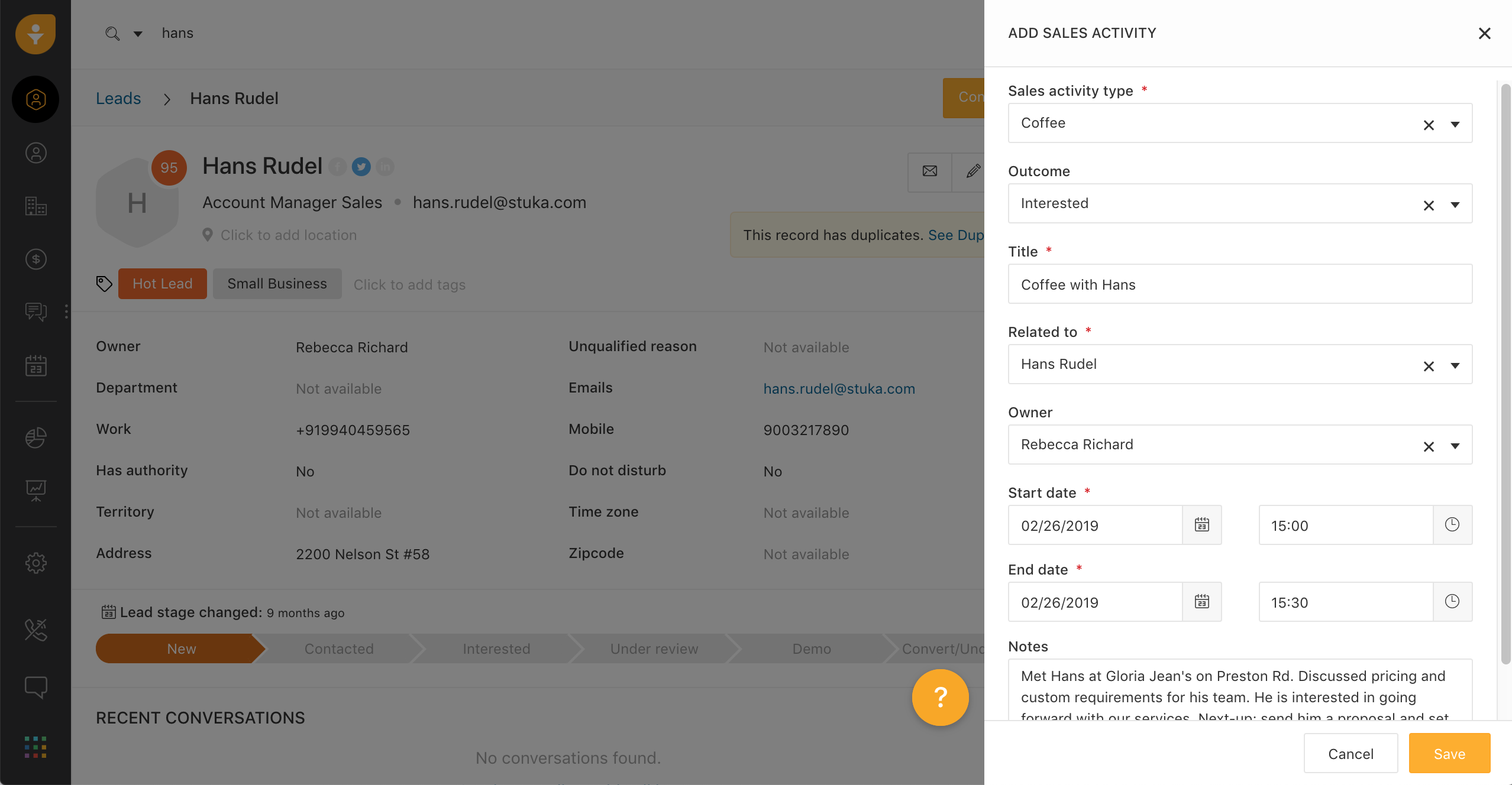 Create a sales activity