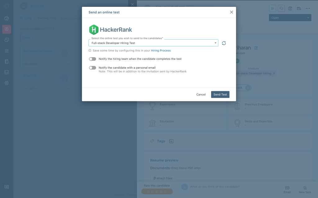 Send HackerRank tests from Freshteam